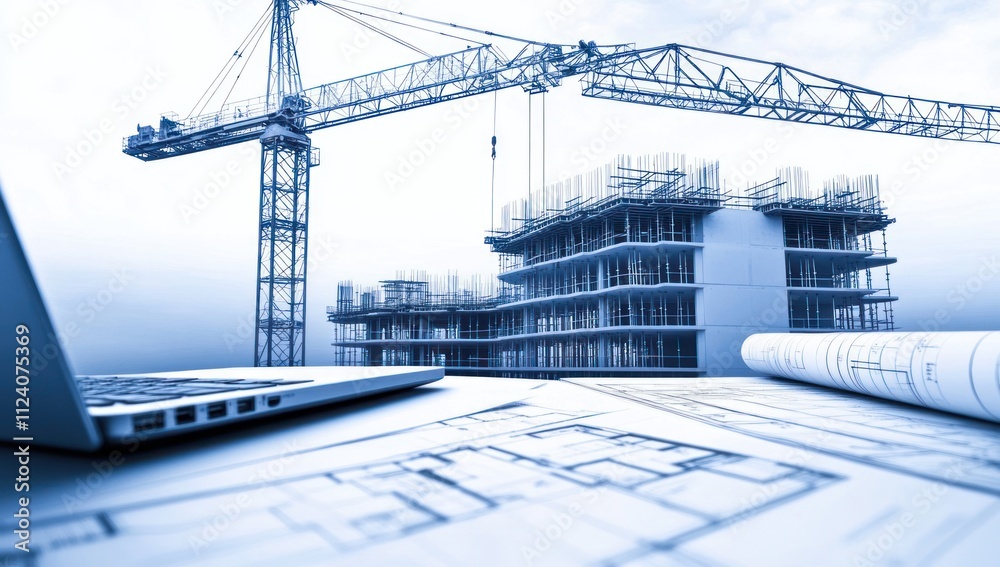 Poster construction site with blueprints and a laptop, showcasing building development.