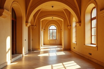 Fototapeta premium Sunlit Hallway With Arched Windows And Doors