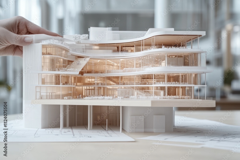 Poster a detailed architectural model showcasing a modern building design.