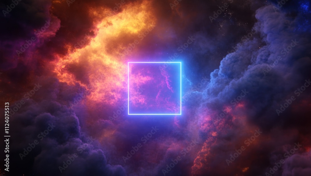 Poster a vibrant cosmic scene featuring a glowing square amidst colorful nebula-like clouds.