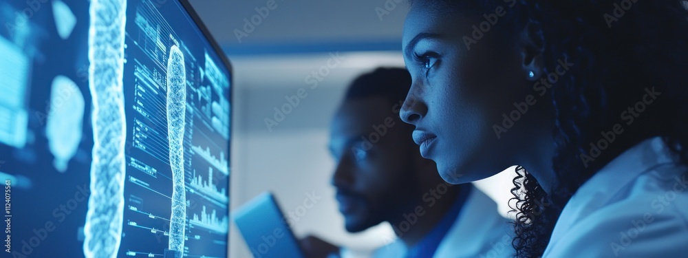 Poster Scientists analyzing data on a computer screen in a laboratory setting.