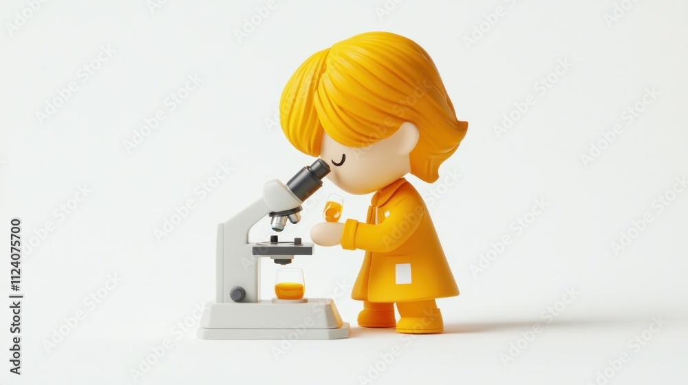 Poster a cartoon character in a lab coat examines a sample under a microscope.