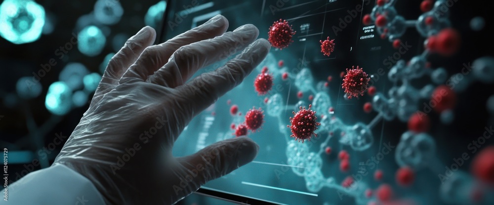 Leinwandbilder A hand in gloves interacts with a digital interface displaying molecular structures and viruses.