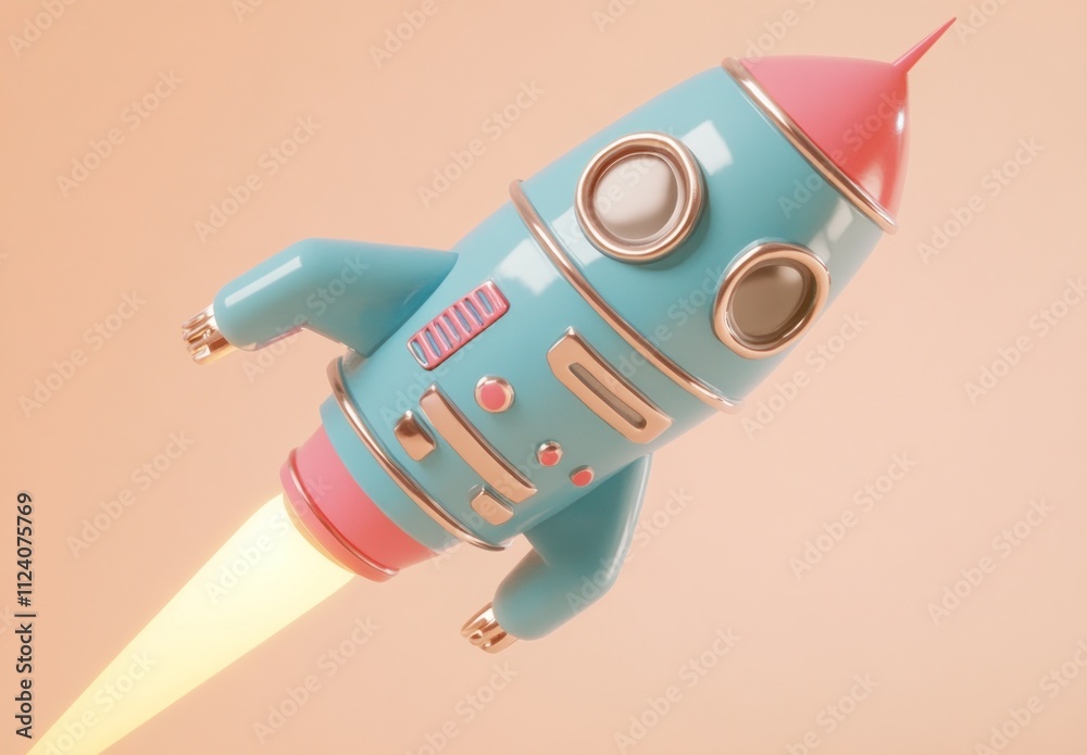Poster a colorful retro rocket launching with flames, symbolizing exploration and adventure.