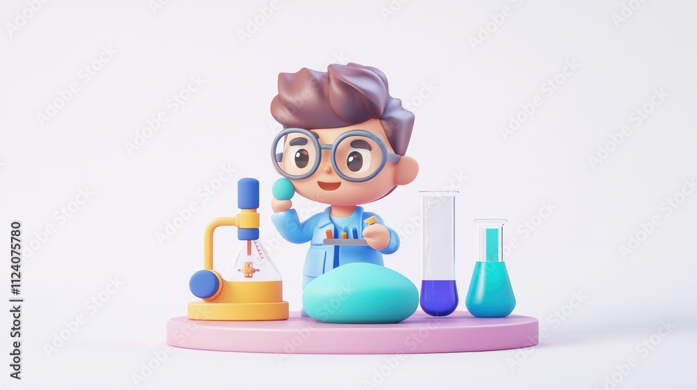 Poster a cartoon character in a lab coat conducts experiments with lab equipment.