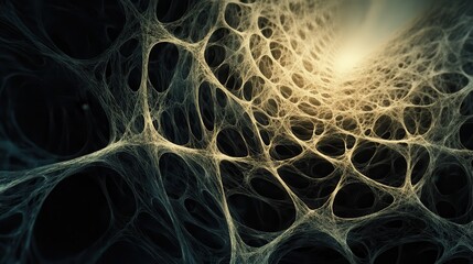 Abstract dark web-like structure with light at the end.