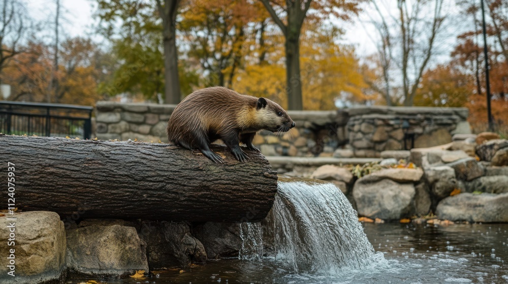 Poster a beaver sits on a log near a waterfall, surrounded by autumn foliage and a tranquil pond.