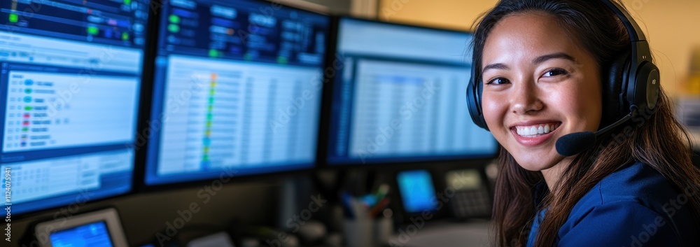 Aufkleber A smiling woman wearing a headset in front of multiple computer screens displaying data.