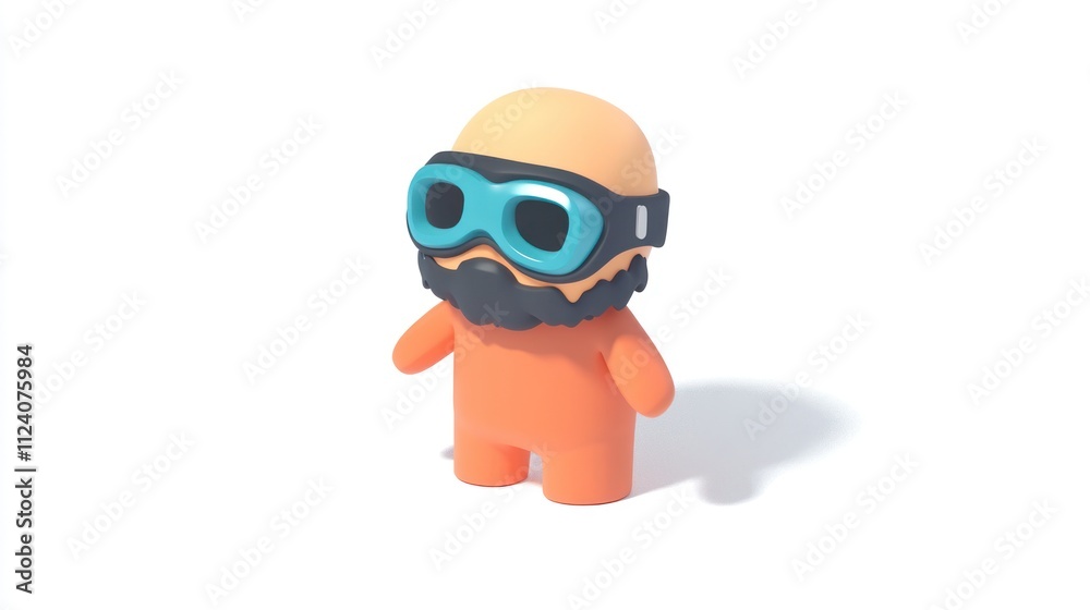 Poster a cartoonish character with a bald head, beard, and goggles, designed for playful contexts.