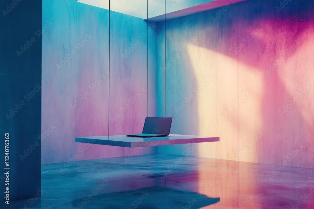 Poster a minimalist workspace featuring a laptop on a suspended platform in a colorful, modern room.
