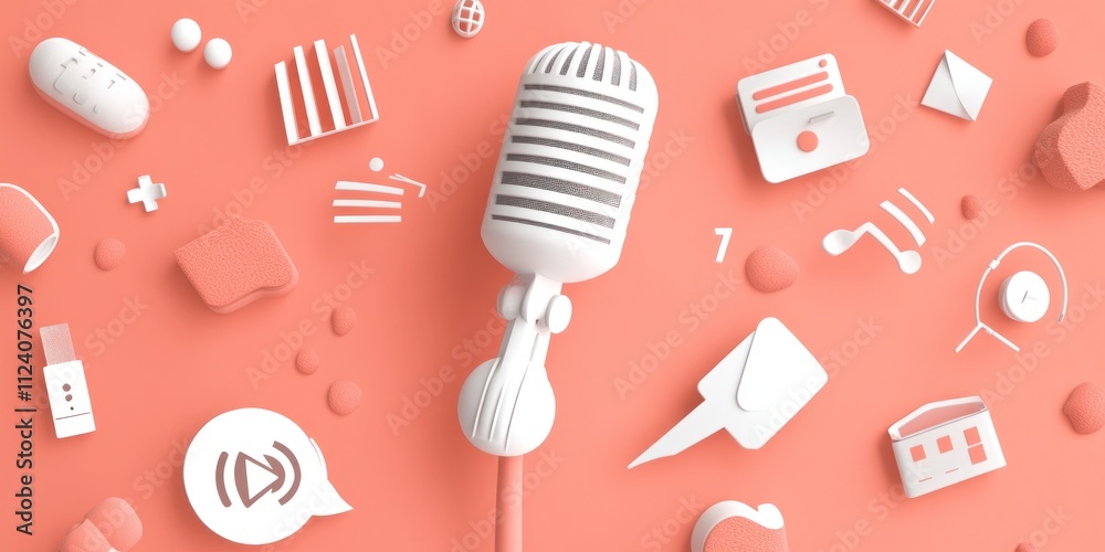 Poster a collection of white icons and a microphone on a coral background, symbolizing communication.