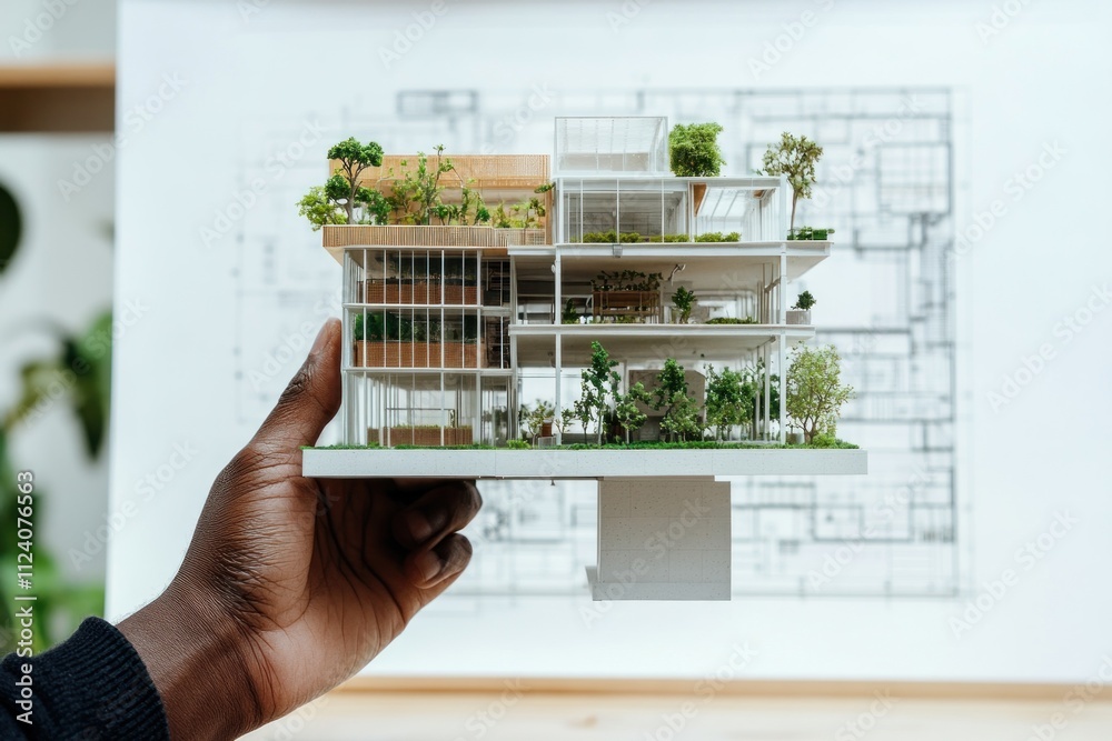 Poster a hand holds a detailed architectural model of a building with greenery, set against a blueprint.