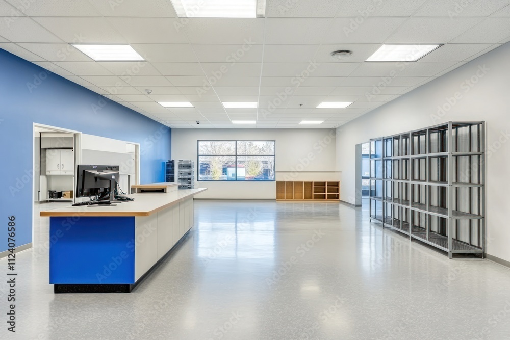 Poster Modern office space with a reception area and shelves.