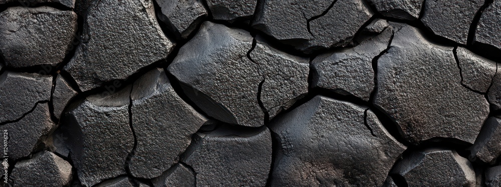 Poster a close-up of cracked black soil or rock surface, showcasing texture and patterns.