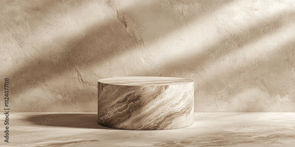 Poster a minimalist marble pedestal on a textured surface with soft lighting.