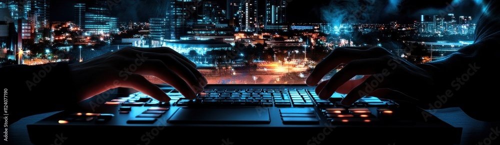 Poster hands typing on a keyboard with a city skyline at night in the background.
