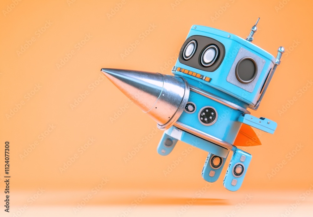 Aufkleber A whimsical blue robot with a cone-shaped rocket nose, appearing to float against an orange background.