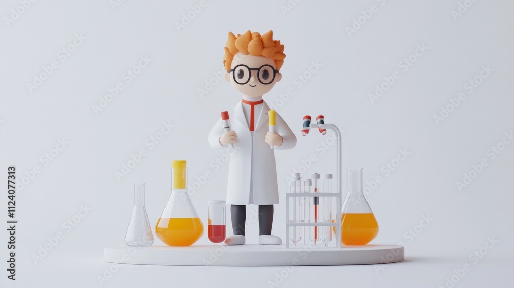 Poster a cartoonish scientist figure with laboratory equipment, symbolizing science and experimentation.