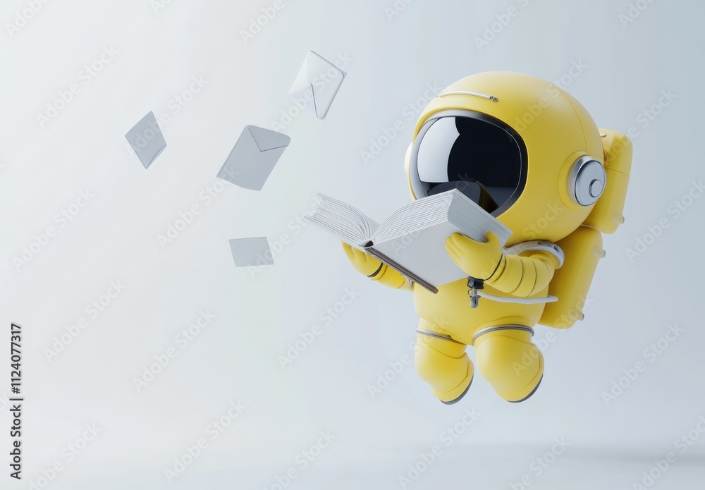 Aufkleber a playful yellow astronaut reading a book while floating, surrounded by scattered papers.