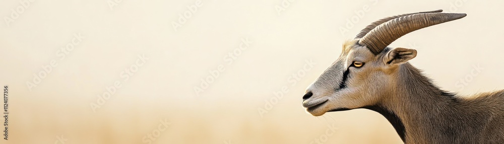 Poster a profile view of a goat against a soft, blurred background.