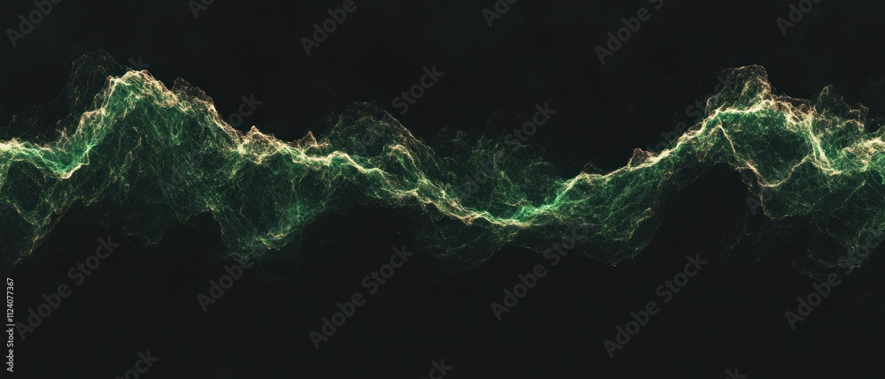 Poster abstract wave-like pattern with green and white hues against a dark background.