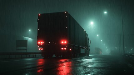Large Truck Driving On A Rainy Night Road