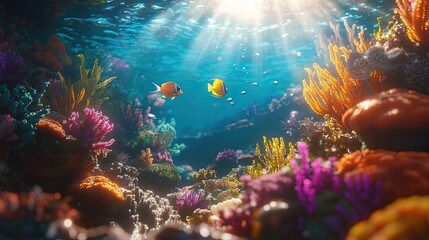 Colorful Coral Reef Underwater Scene with Fish and Sunlight Rays