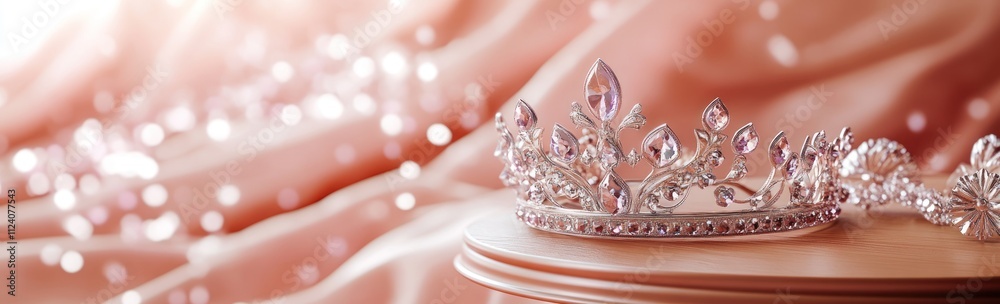 Poster a sparkling crown rests elegantly on a soft, shimmering fabric backdrop.