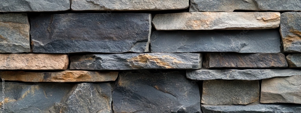 Poster a close-up view of a textured stone wall made of various slate pieces.
