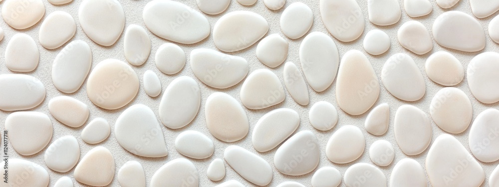 Poster a close-up of smooth, white pebbles arranged in a decorative pattern.