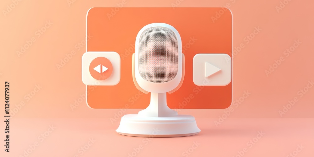 Poster A stylized microphone with play and rewind buttons, suggesting audio or video content creation.