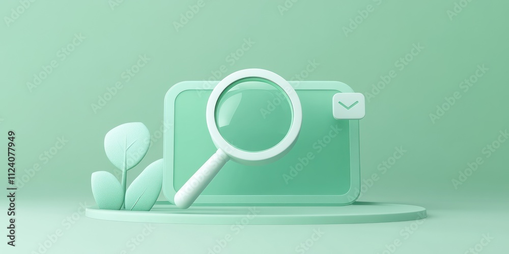 Poster a minimalist design featuring a magnifying glass over a screen with a message icon and plants.