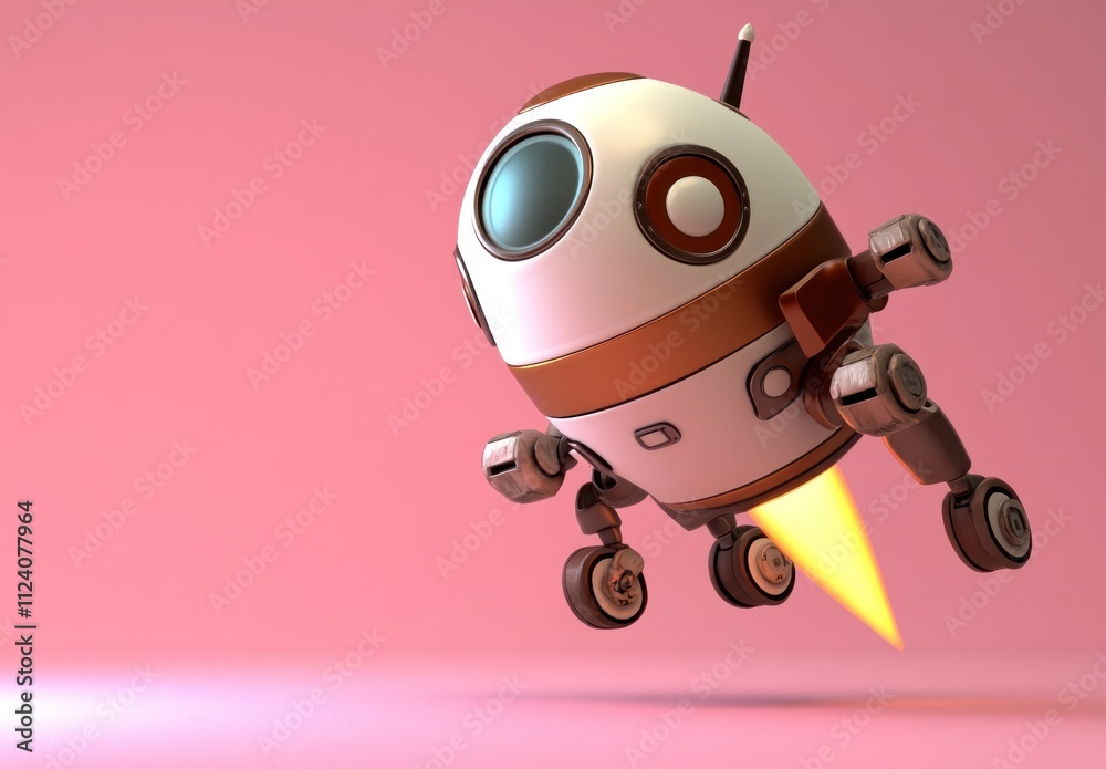 Poster a cute, futuristic robot with wheels and a rocket boost, floating against a pink background.