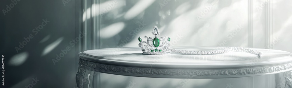 Poster A delicate crown with emeralds rests on a table, illuminated by soft light.