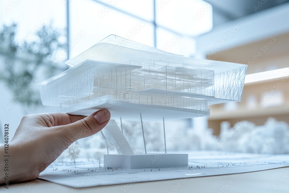 Poster a hand holds a modern architectural model showcasing innovative design elements.