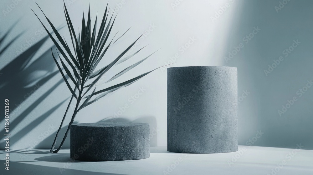 Poster A minimalist arrangement featuring geometric stone shapes and a palm leaf casting shadows.