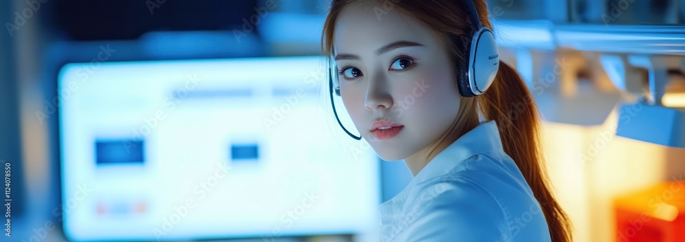 Poster a focused individual wearing a headset, working in a tech environment with screens.