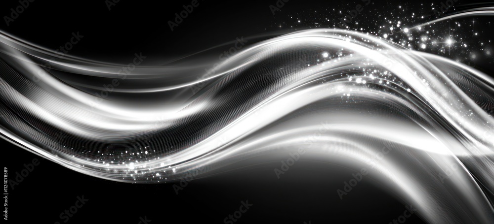 Aufkleber Abstract design featuring flowing white lines and sparkling elements on a black background.