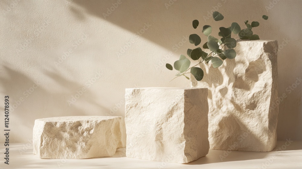 Poster A minimalist arrangement of textured stone blocks with a sprig of eucalyptus.