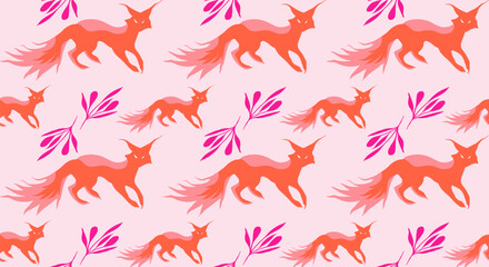 Seamless pattern with hand drawn elements of foxes and forest plants. Floral textures for backgrounds, wallpapers, textiles and fashion.