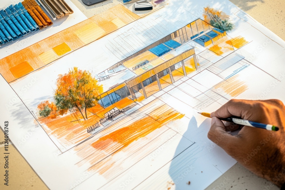 Poster a hand sketches a colorful architectural design with trees and outdoor seating.