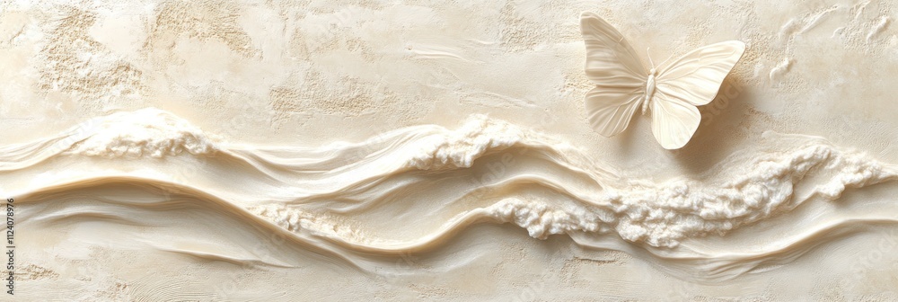 Aufkleber a textured relief of waves and a butterfly, creating a serene and elegant visual.