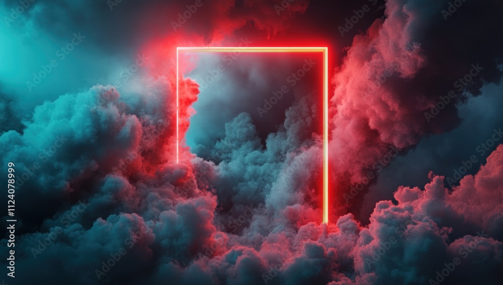 Poster a vibrant, surreal scene featuring glowing clouds and a luminous rectangular frame.