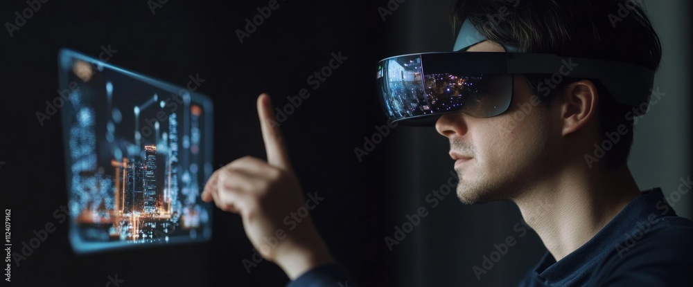 Poster A person using augmented reality glasses to interact with a digital interface.