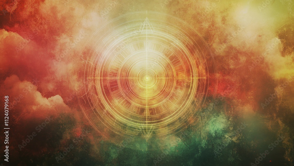 Poster abstract design featuring a luminous compass-like symbol amidst a colorful cosmic background.