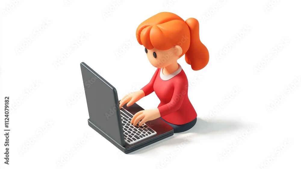Poster a 3d character typing on a laptop, representing work or online activity.