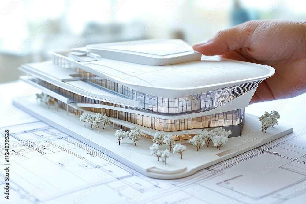 Poster a hand adjusts a detailed architectural model of a modern building on blueprints.