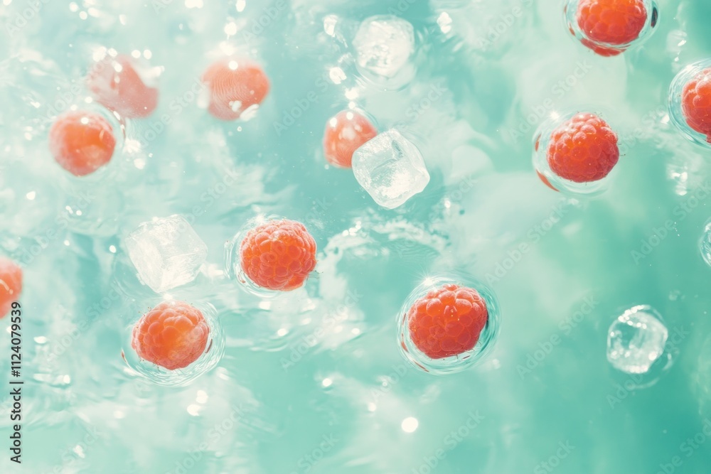 Poster Bubbles and raspberries in water create a refreshing and vibrant scene.