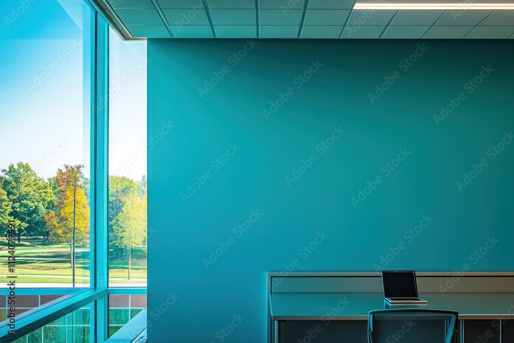 Poster a serene office space featuring a desk, laptop, and large window with a view of greenery.