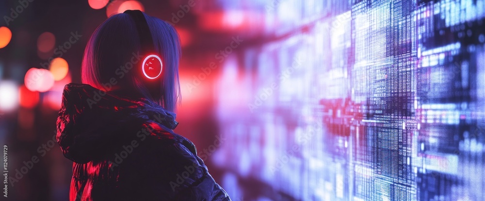 Poster a person with headphones interacts with a digital display in a vibrant, futuristic setting.